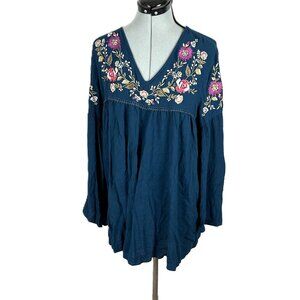Umgee Embroidered Floral Bell Sleeve Top Blouse L Teal